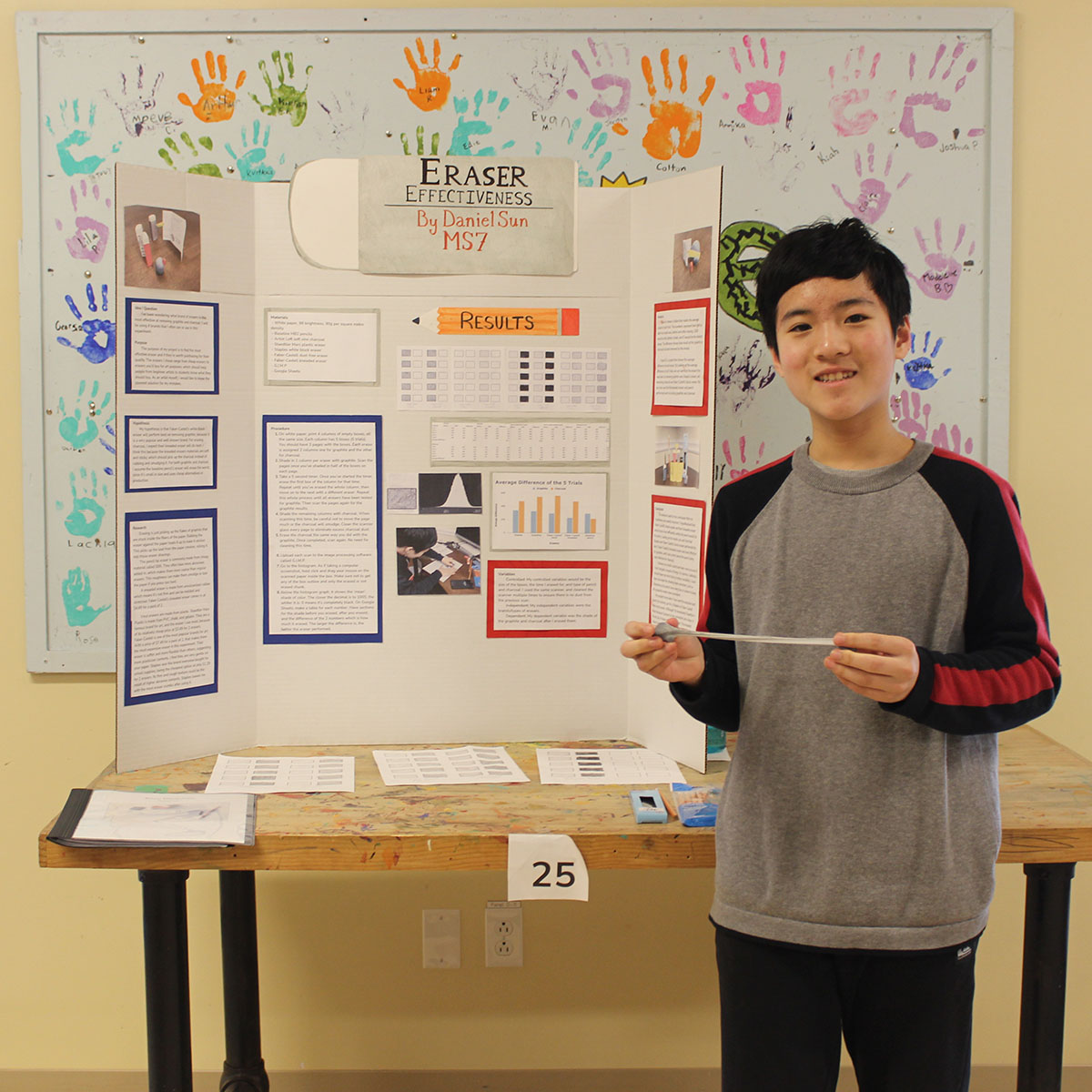 A Junior High student stands next to his Science Fair research display, ready to explain his research and results.