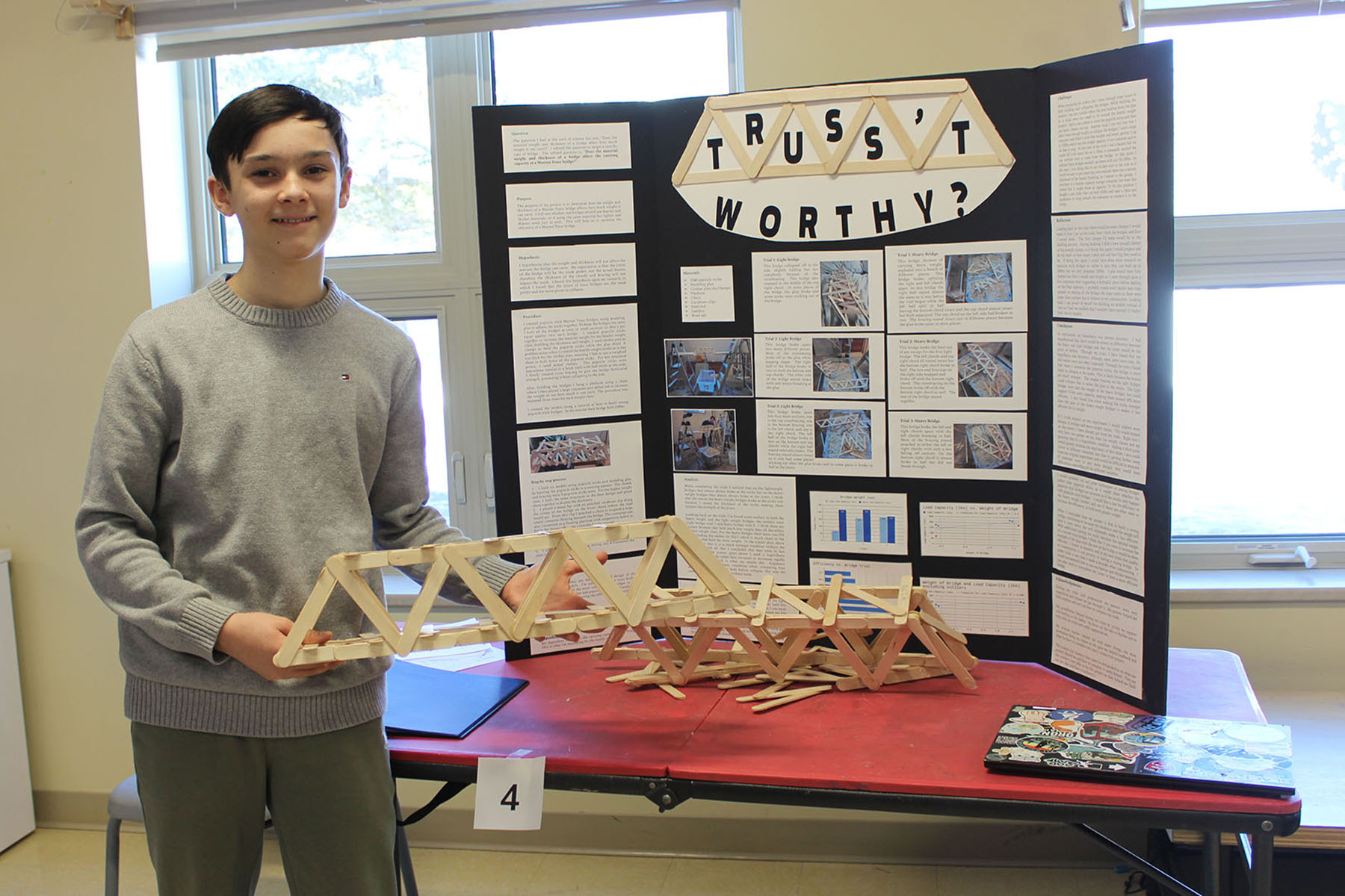 In preparation for the Halifax Sci-Tech Expo, a Jr High student presents his science fair research using a model and a tri-fold display.